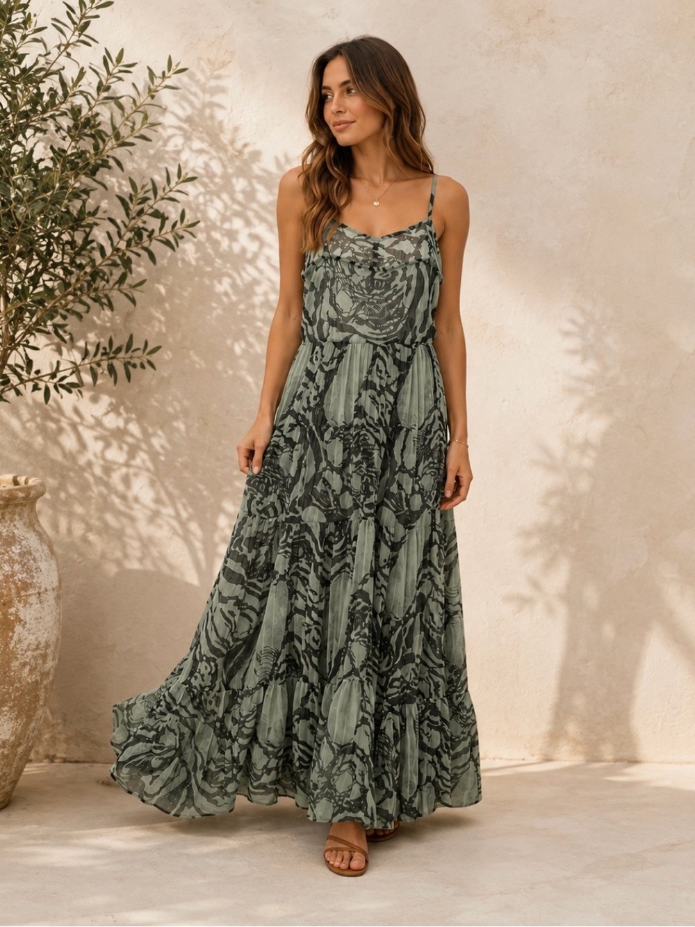 AKIRA Olive Sage Printed Spaghetti-Strap Maxi Dress
